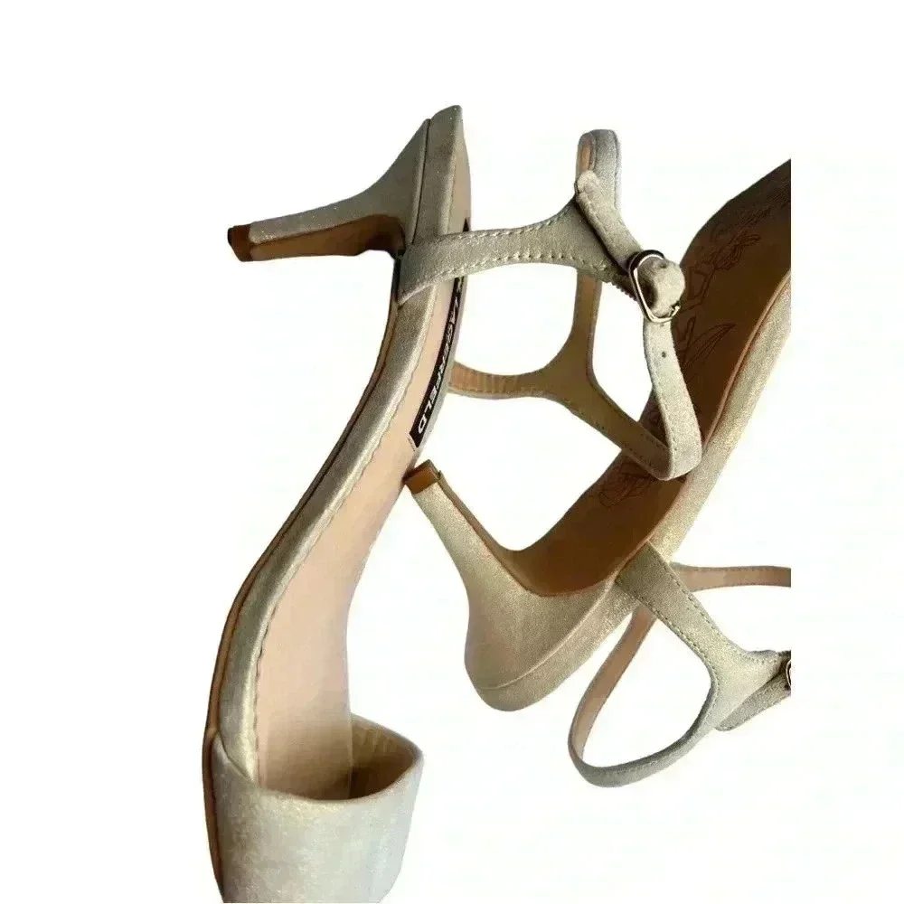 Lagerfeld Paris Women's Ankle Strap Heeled Sandal •Sparkly Gold•Size 8.5•